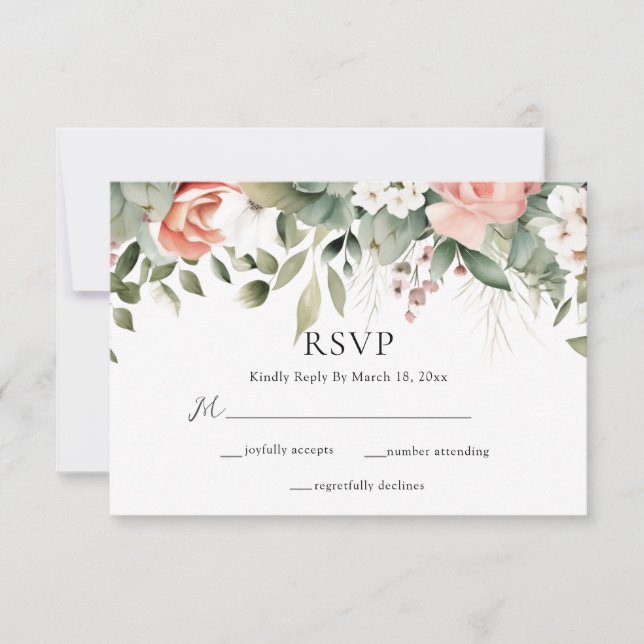 Elegante Peach Sage Grüne Blumenhochzeit RSVP Karte (Vorderseite)