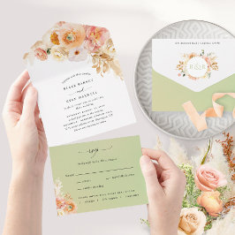 Elegante Peach und grüne Blumenhochzeit mit UAWG A All In One Einladung