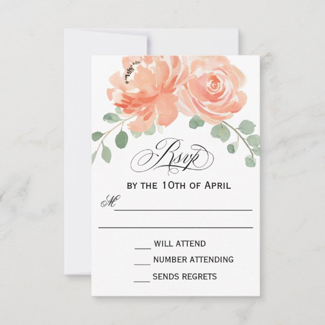 Elegante Peach Watercolor Floral Wedding RSVP (Vorderseite)