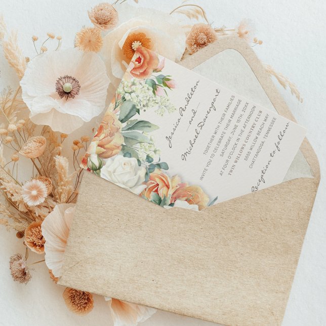 Elegante Peach White Floral Eukalyptus Wedding Einladung (Elegant peach and cream-colored watercolor floral wedding invitation)