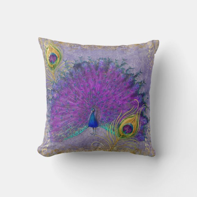 Elegante Peacock Feather Lila Gold Foil Paradies Kissen (Vorderseite)