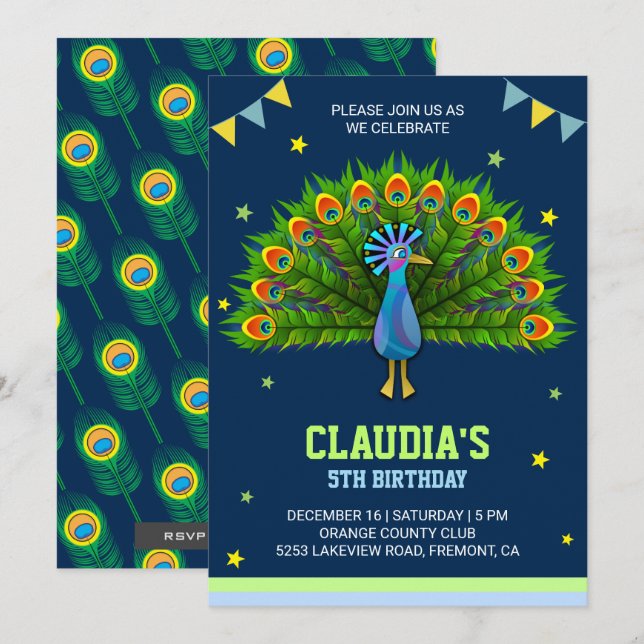 Elegante Peacock Kindergeburtstag Party Einladung (Vorne/Hinten)