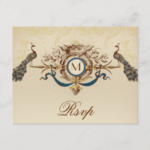 Elegante Peacock Monogram Vintage Wedding RSVP Car Karte