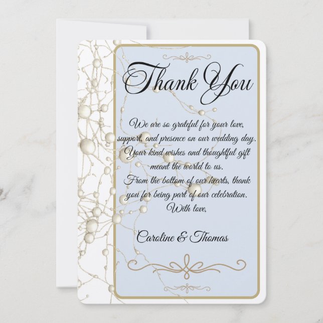 Elegante Pearl Gold Script Hochzeit Romantische Pe Dankeskarte (Vorderseite)