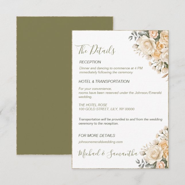 Elegante Pearl White und Elvory Rose Wedding Begleitkarte (Vorne/Hinten)