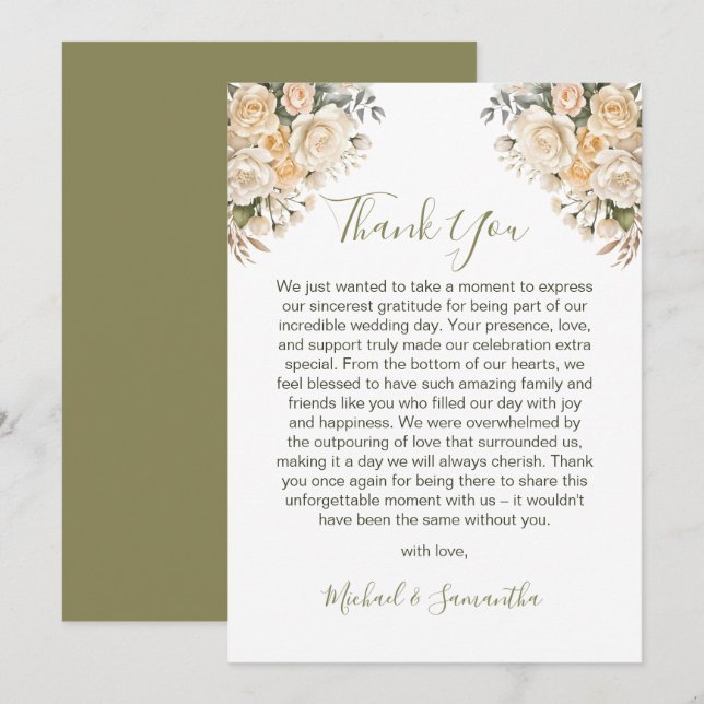 Elegante Pearl White und Elvory Rose Wedding Dankeskarte (Vorne/Hinten)