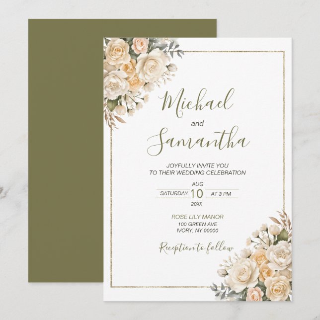 Elegante Pearl White und Elvory Rose Wedding Einladung (Vorne/Hinten)