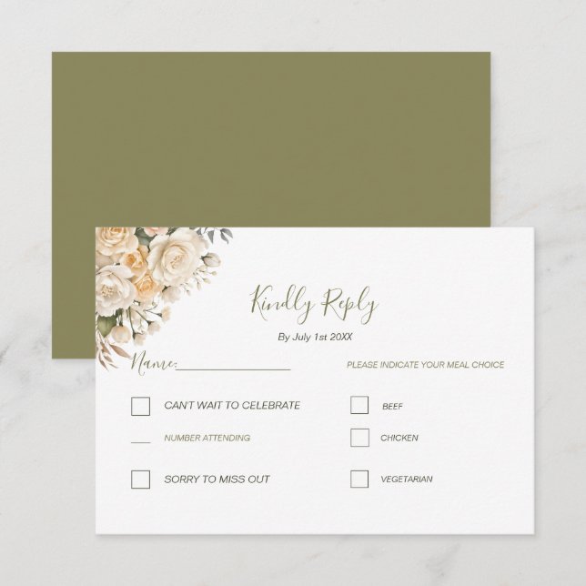 Elegante Pearl White und Elvory Rose Wedding RSVP Karte (Vorne/Hinten)