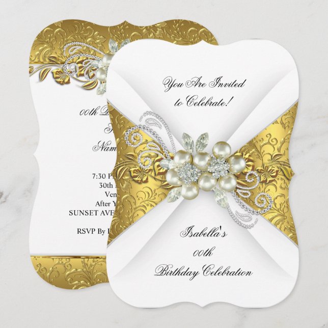Elegante Pearl Yellow Gold Weißer Diamant Geburtst Einladung (Vorne/Hinten)