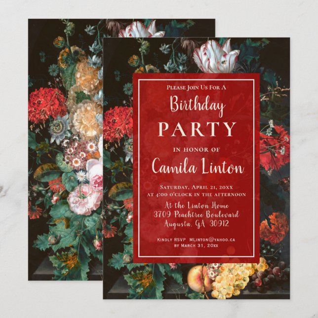 Élégante peinture florale Invitation fête d'annive (Devant / Derrière)
