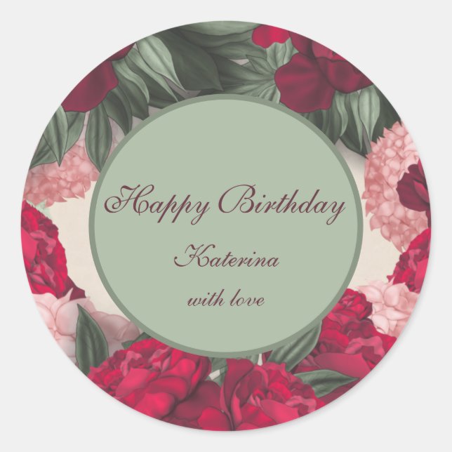 Elegante Peonies Happy Birthday Runder Aufkleber (Vorderseite)