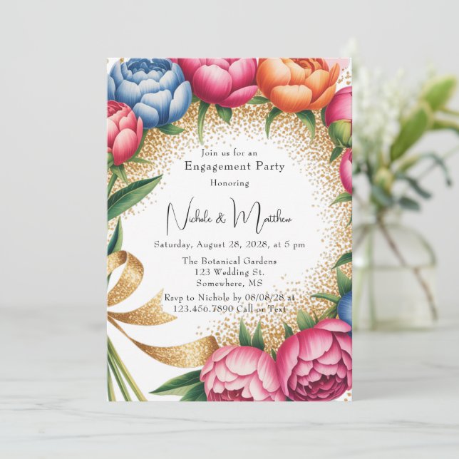 Elegante Peony Bouquet Glitzer Engagement Party Einladung (Stehend Vorderseite)