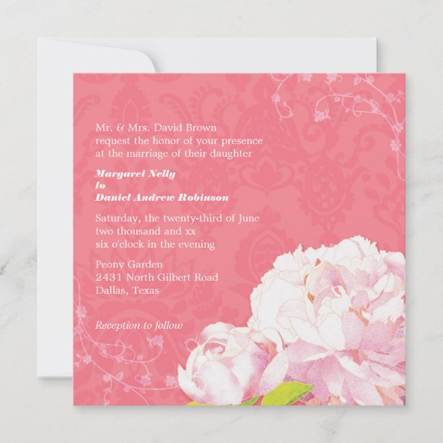 Elegante Peony Coral Pink Wedding Einladung (Vorderseite)