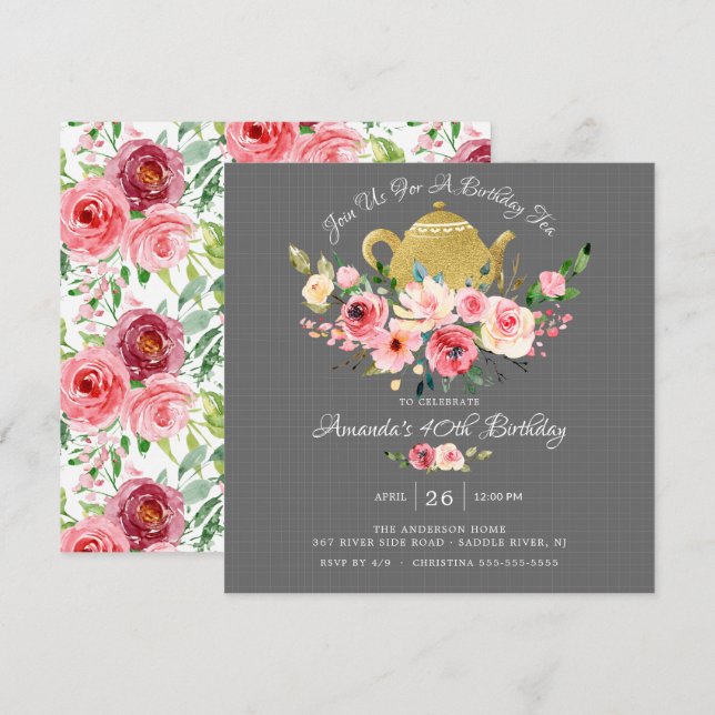 Elegante Peony Floral Birthday Tea Einladung (Vorne/Hinten)