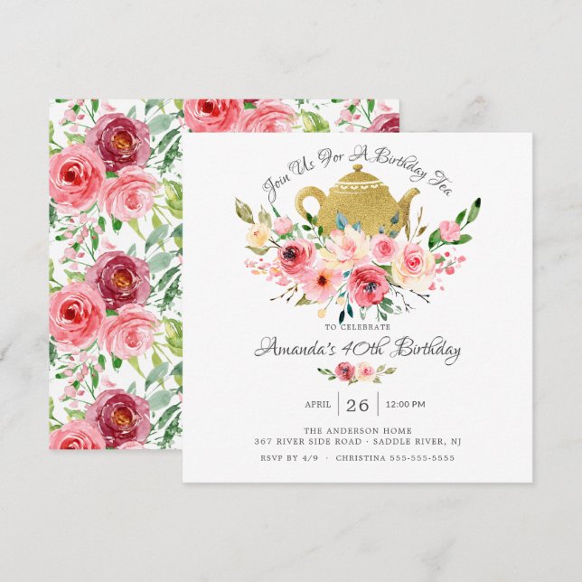 Elegante Peony Floral Birthday Tea Einladung (Vorne/Hinten)