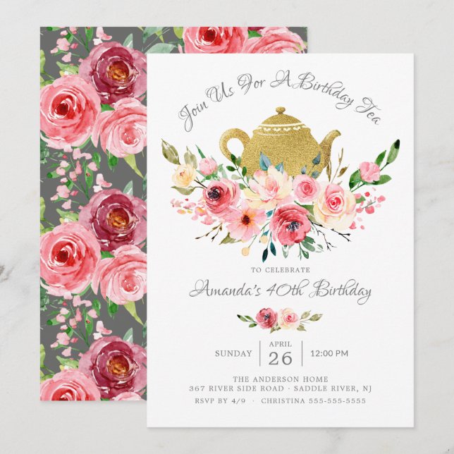 Elegante Peony Floral Birthday Tea Einladung (Vorne/Hinten)