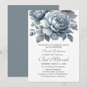 Elegante Peony Floral Dusty Blue Bat Mitzvah Einladung