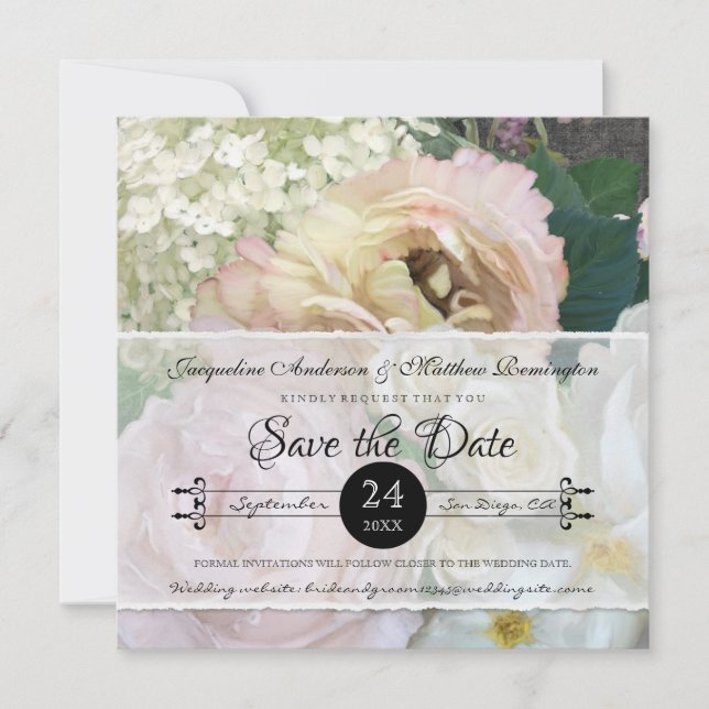 Elegante Peony Hydrangea Blush Pink Rose Blumenges Save The Date (Vorderseite)