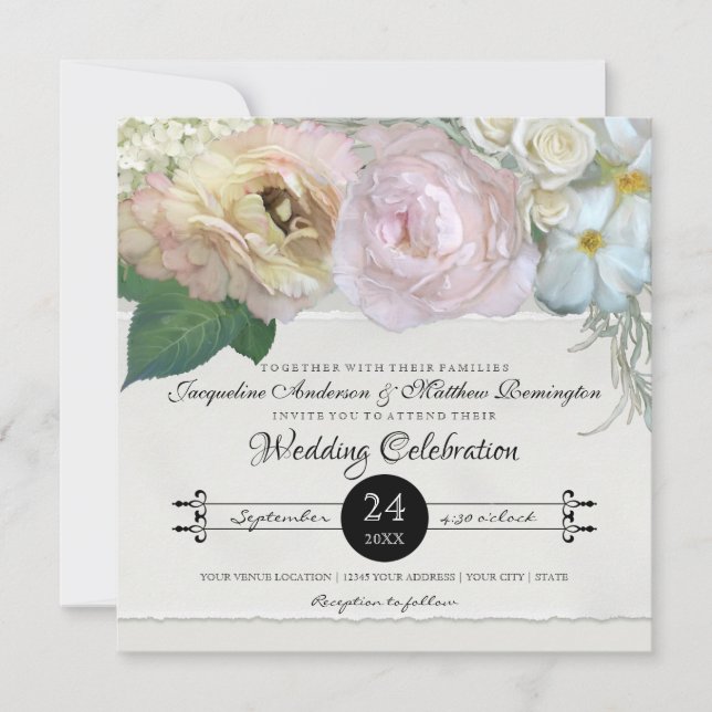 Elegante Peony Hydrangea Rose Blume Hochzeit Einladung (Vorderseite)