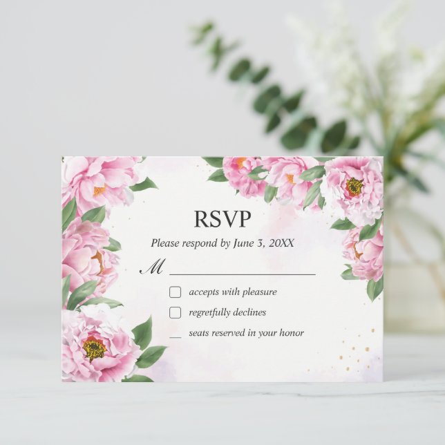 Elegante Peony Minimalistisch Wedding RSVP Card Dankeskarte (Stehend Vorderseite)