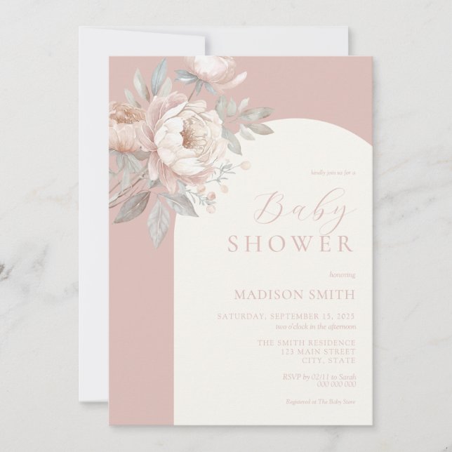 Elegante Peony Rose Dusty Pink Baby Shower Einladung (Vorderseite)