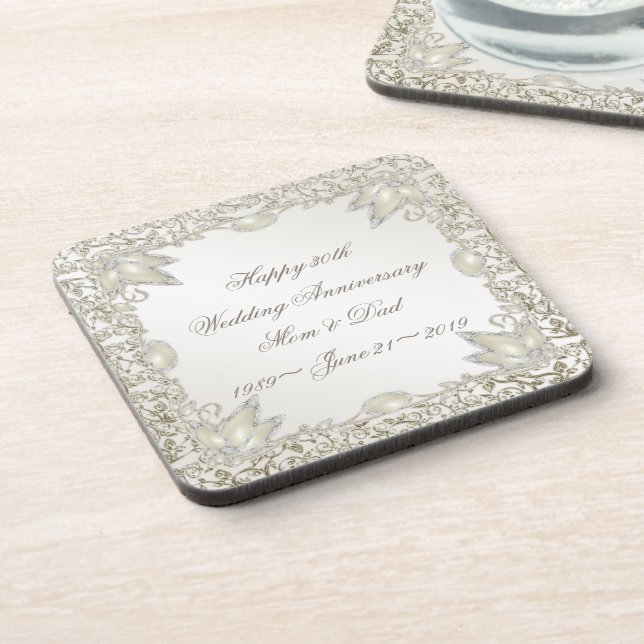 Elegante Perlen-30. Hochzeitstag Getränkeuntersetzer (Linke Seite)