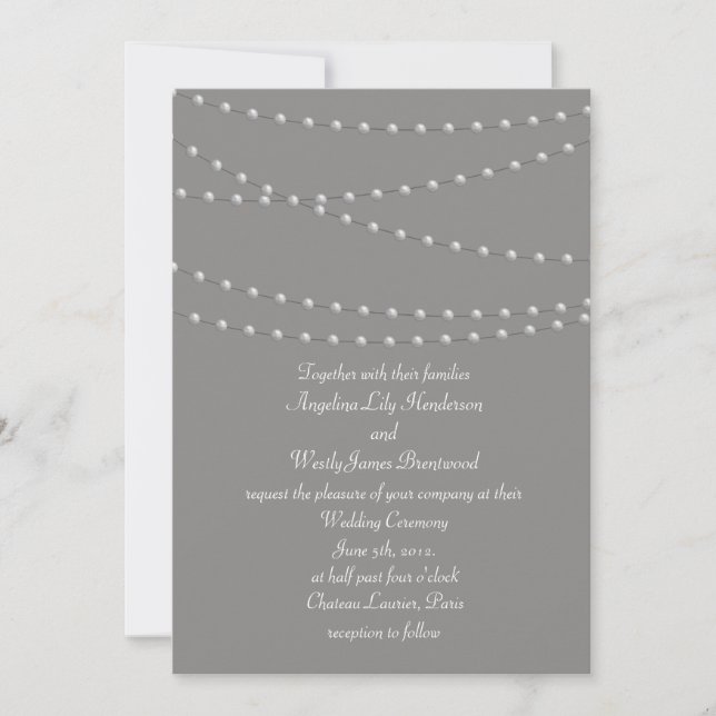 Elegante Perlen auf grauer Hochzeit Einladung (Vorderseite)