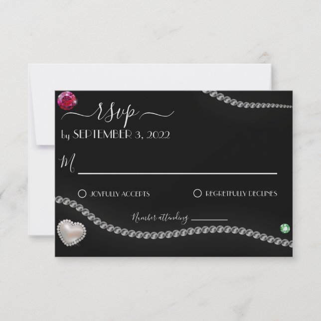 Elegante Perlen & Juwelen auf Black Satin Wedding RSVP Karte (Vorderseite)