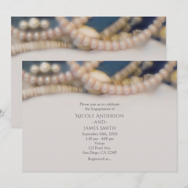 Elegante Perlen & Muscheln Beach Wedding Einladung (Vorne/Hinten)