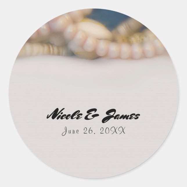Elegante Perlen & Muscheln Beach Wedding Gefallen Runder Aufkleber (Vorderseite)