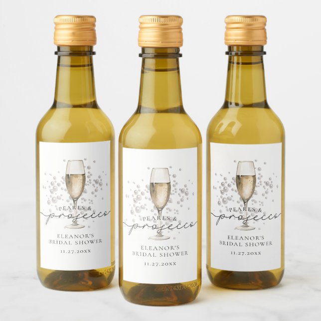 Elegante Perlen & Prosecco Brautparty Gefallen Weinetikett (Flaschen)
