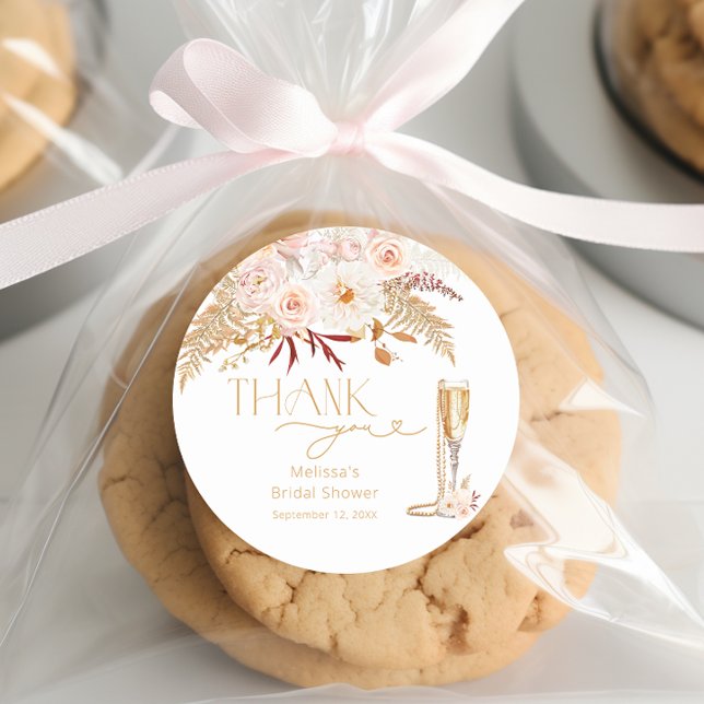 Elegante Perlen & Prosecco Floral Bridal Gefallen Runder Aufkleber (Von Creator hochgeladen)