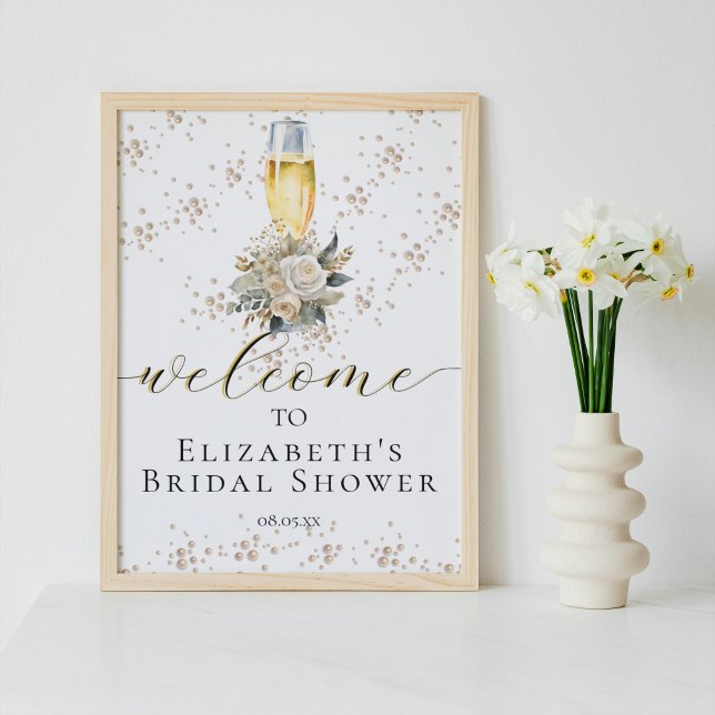 Elegante Perlen & Prosecco Script Willkommenszeich Poster (Von Creator hochgeladen)