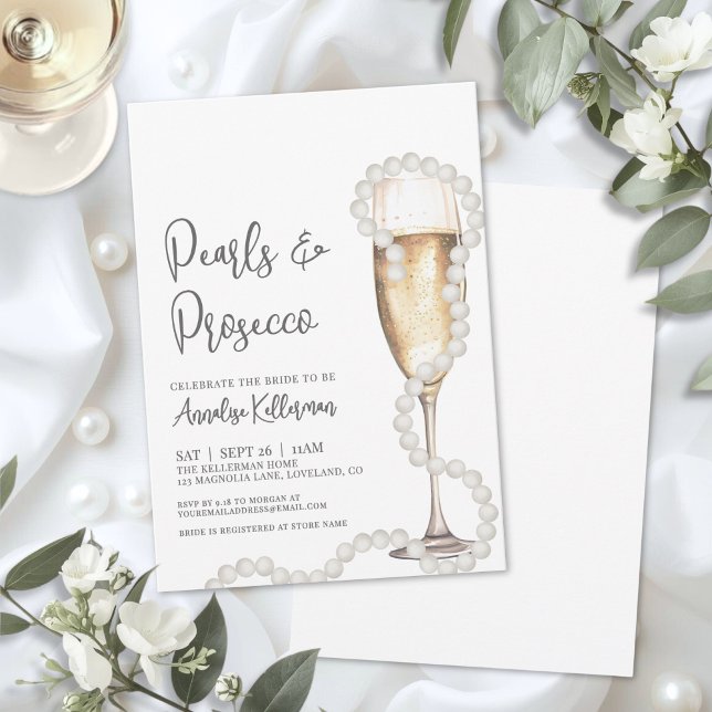 Elegante Perlen und Prosecco Champagner Brautparty Einladung (Elegant Pearls & Prosecco Champagne Bridal Shower Invitation)