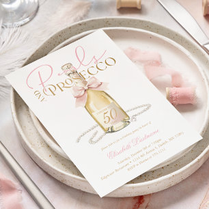 Elegante Perlen und Prosecco rosa Schleife 50. Geb Einladung