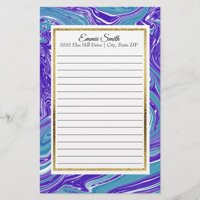 Elegante Personalisiert Blue Aquamarin and Gold St Briefpapier (Vorderseite)