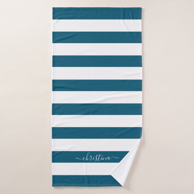 Elegante Personalisierte Aquamarine Blaue Streifen Badehandtuch (Badehandtuch)