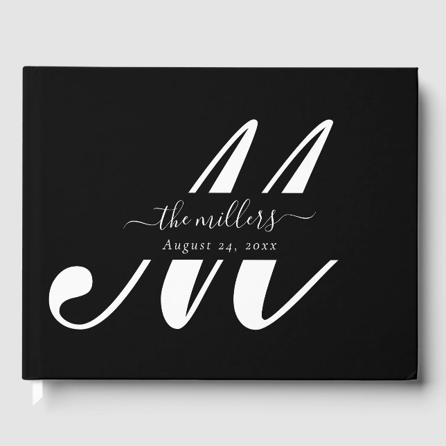 Elegante Personalisierte Black Script Monogram Wed Gästebuch (Vorderseite)