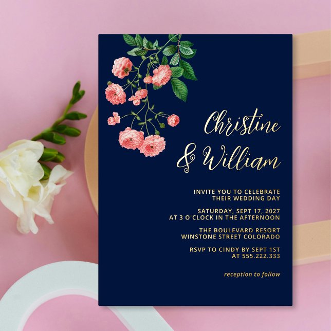 Elegante Personalisierte Hochzeit zwischen Marine  Folieneinladung (Elegant Navy & Pink Roses Personalized Wedding Foil Invitation)