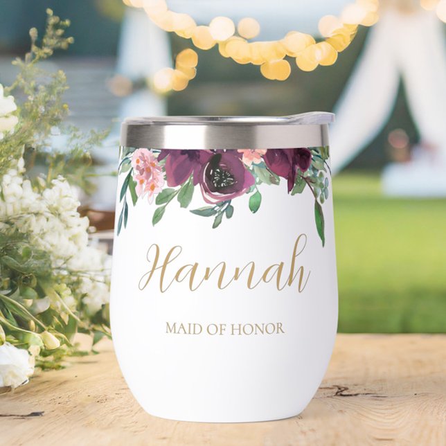 Elegante Personalisierte Trauzeugin (Personalized Elegant Floral Maid of Honor Wine Tumbler- The perfect gift to say thank you!)