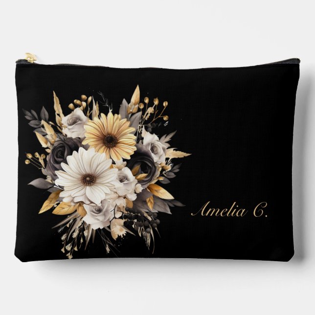 Elegante Personalisierung von Black & Gold-Blume Zubehörtasche (Vorderseite)