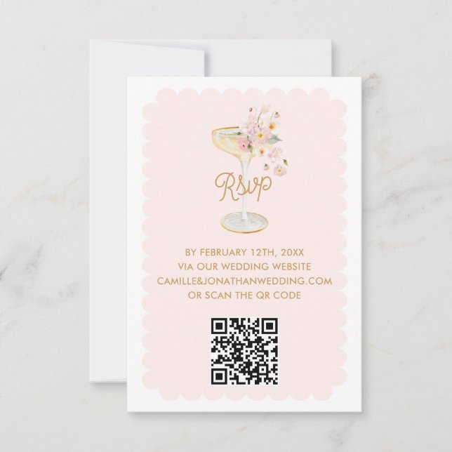 Elegante Petals und Prosecco QR Code RSVP Card Karte (Vorderseite)