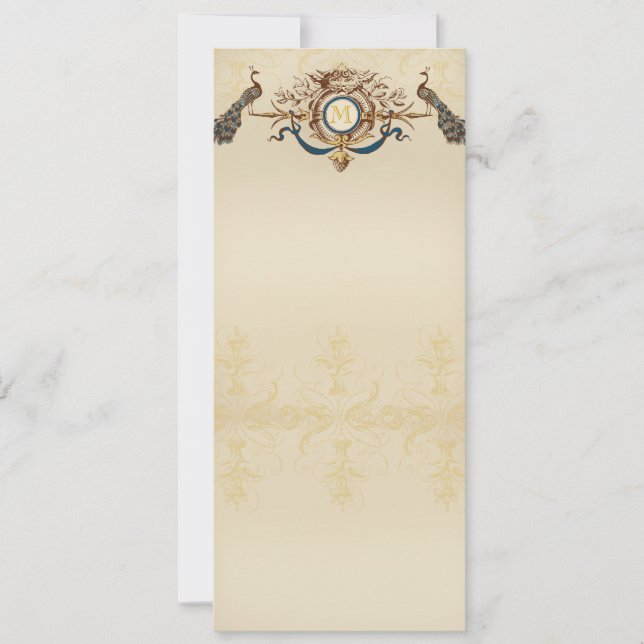 Elegante Pfau-Hochzeits Menü-Karten Einladung (Vorderseite)