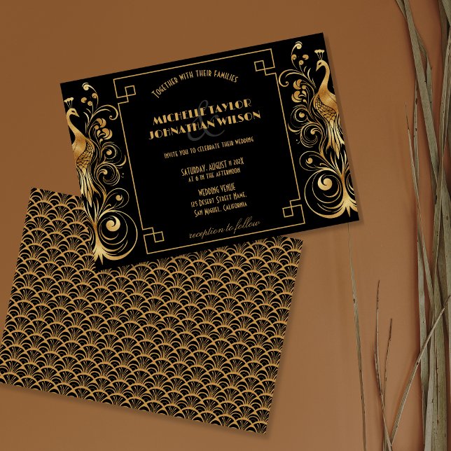 Elegante Pfauen Kunst, Dichtung und Musik Vintag Einladung (elegant gold peacock)