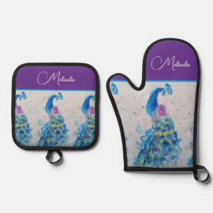 Elegante Pfauen-Wasserfarben-Blau-Malerei Ofenhandschuh & Topflappen-Set