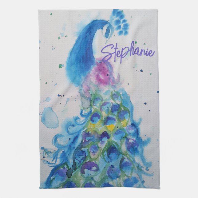 Elegante Pfauen Wasserfarben Womens Pastellfarben Geschirrtuch (Vertikal)