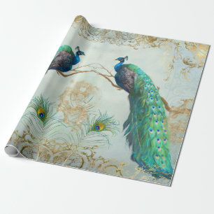 Elegante Pfauenfeathers Pair Blue Gold Decoupage Geschenkpapier