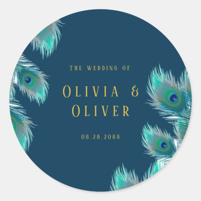 Elegante Pfauenfeathers und GoldWedding Runder Aufkleber (Vorderseite)