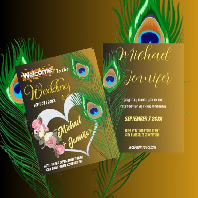 Elegante Pfauenfeder & Rose Custom Wedding Einladung (Von Creator hochgeladen)
