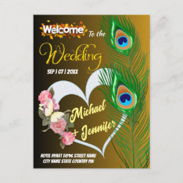 Elegante Pfauenfeder & Rose Custom Wedding Postkarte